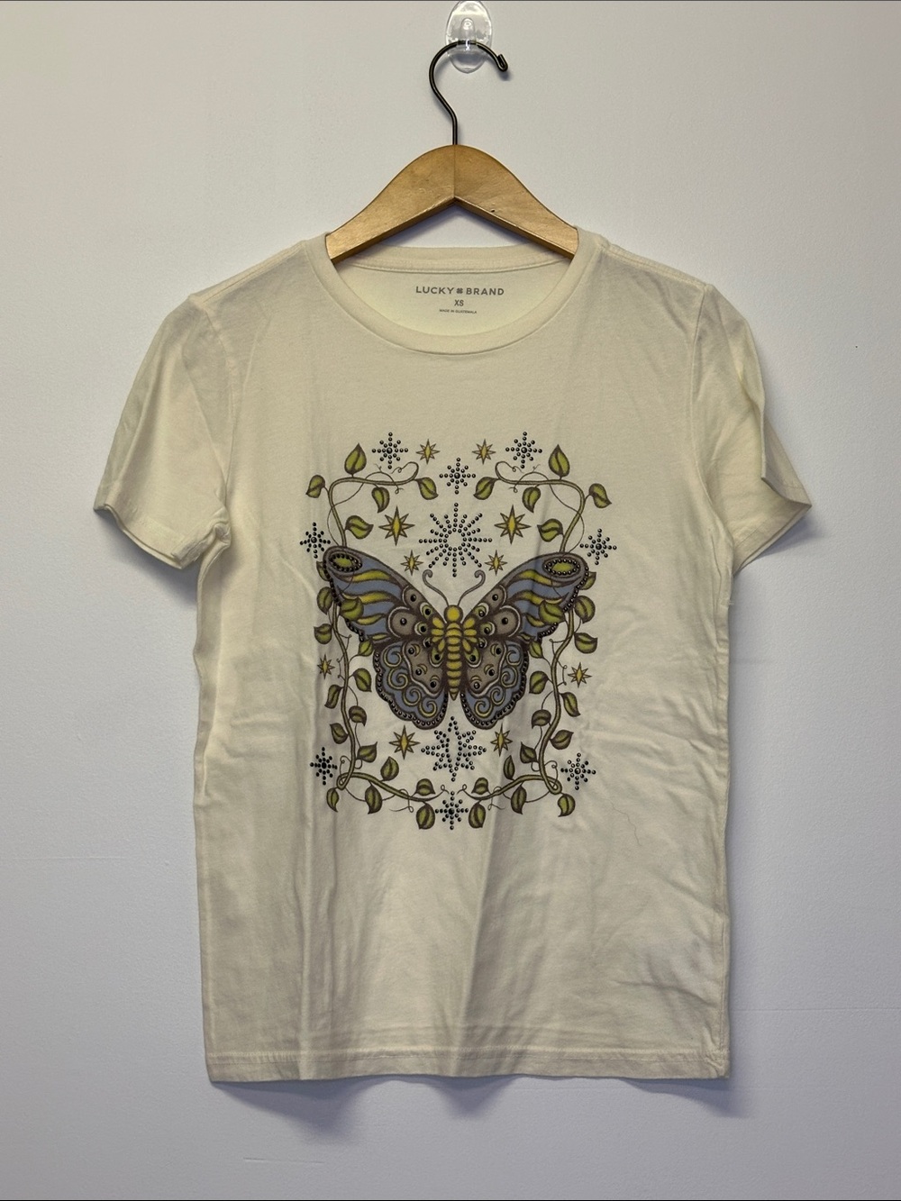 Lucky Brand Cream Short-Sleeve Tee with Butterfly XS